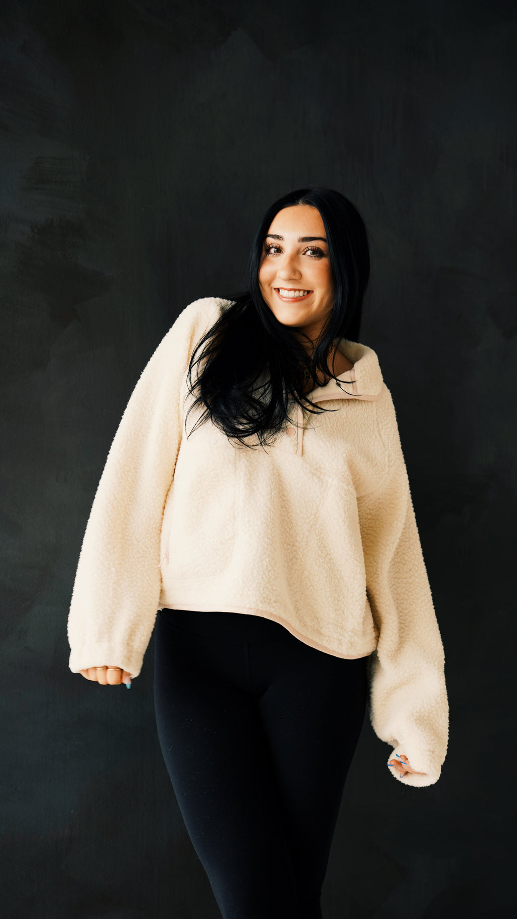 Fleece Button Front Side Pocket Long Sleeve Top