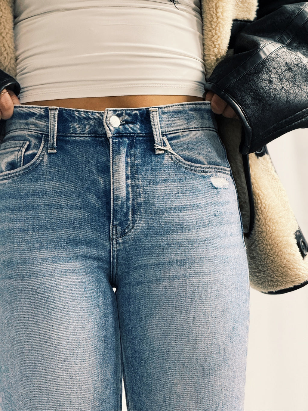 High Rise Distressed Slim Wide Jeans