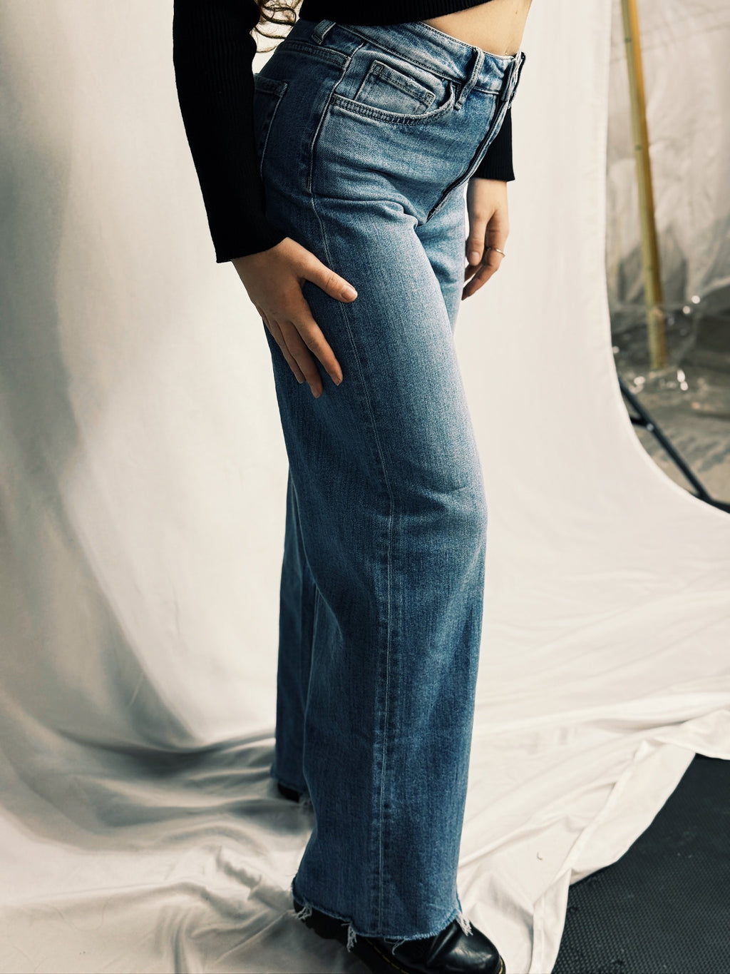 Super High Rise Medium Wash Raw Hem Wide Leg Jeans