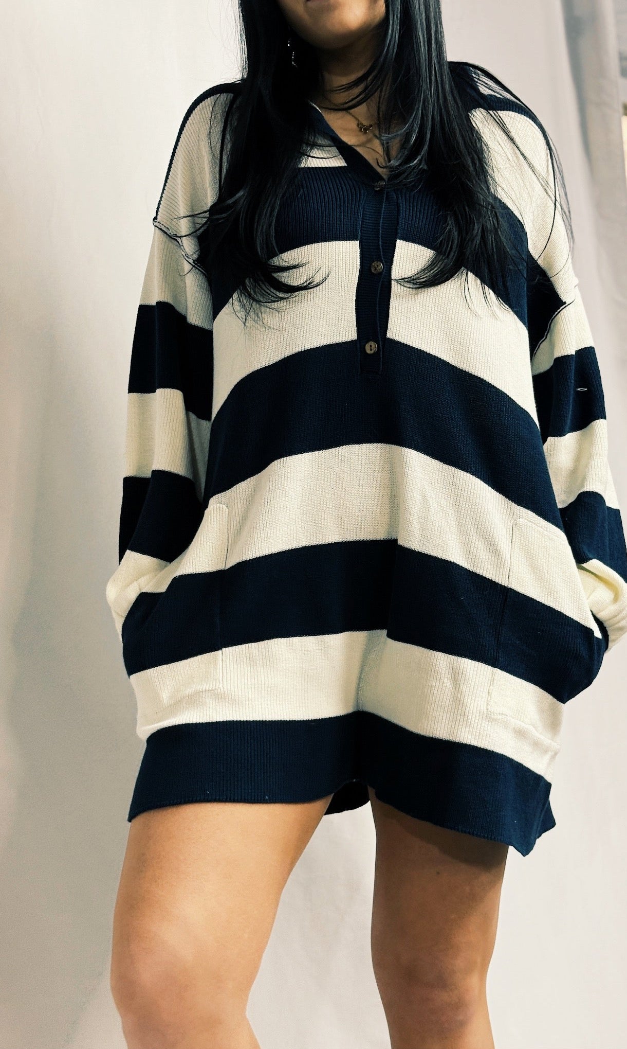 Long Sleeve Collared Striped Relaxed Fit Romper