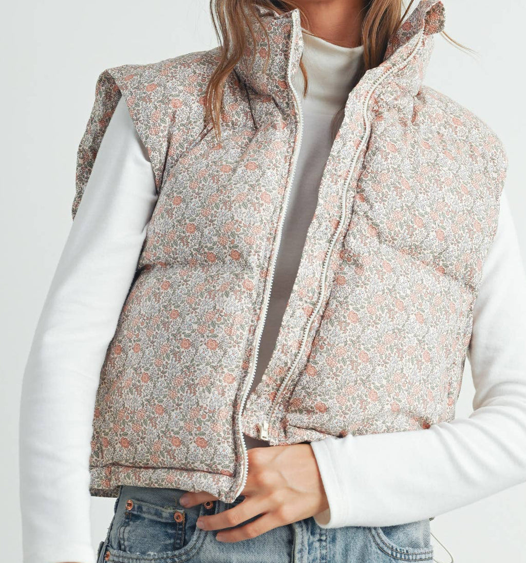 High Neck Floral Puffer Vest