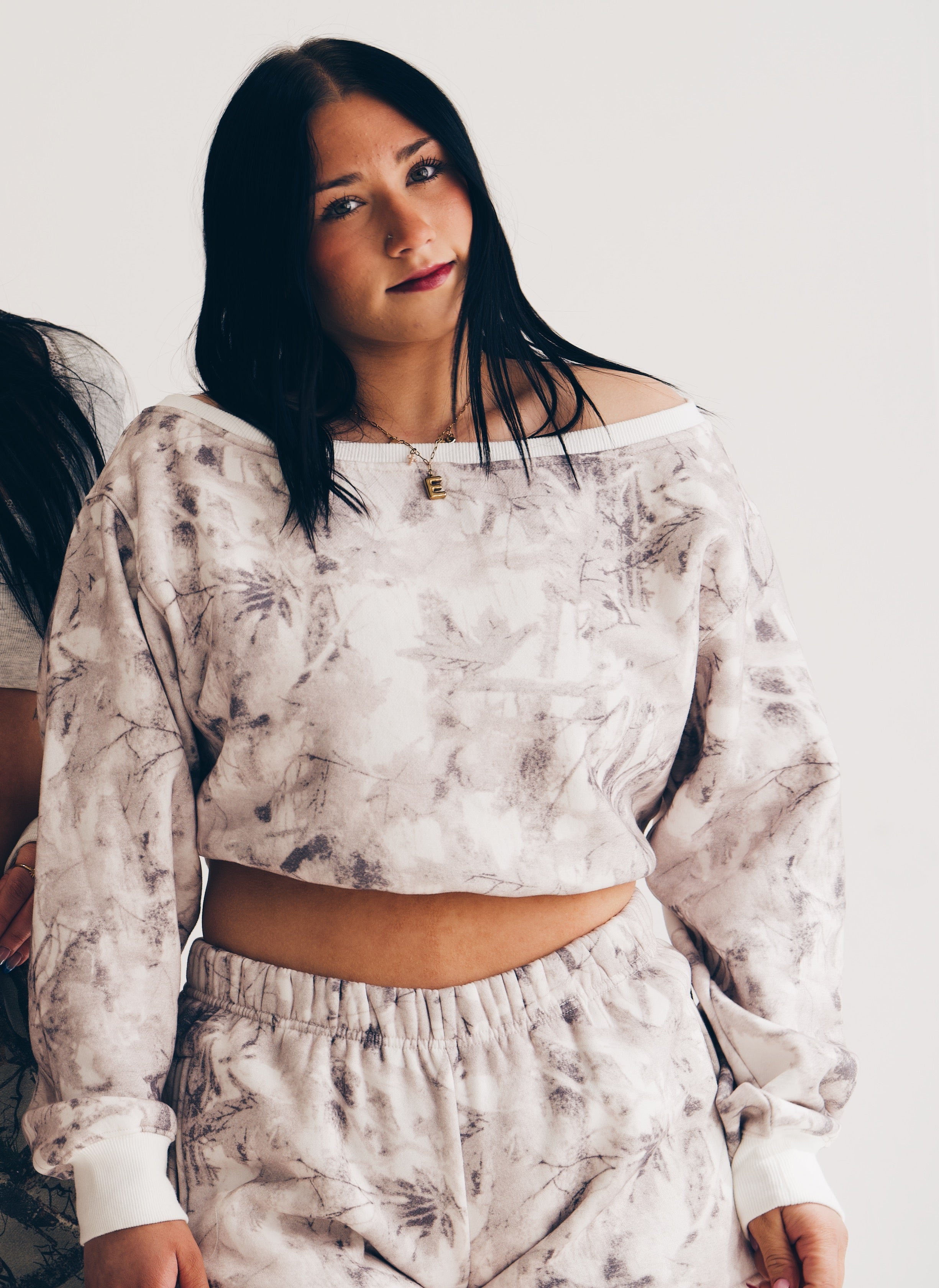 Light Woodland Camo Off The Shoulder Fleece Sweatshirt