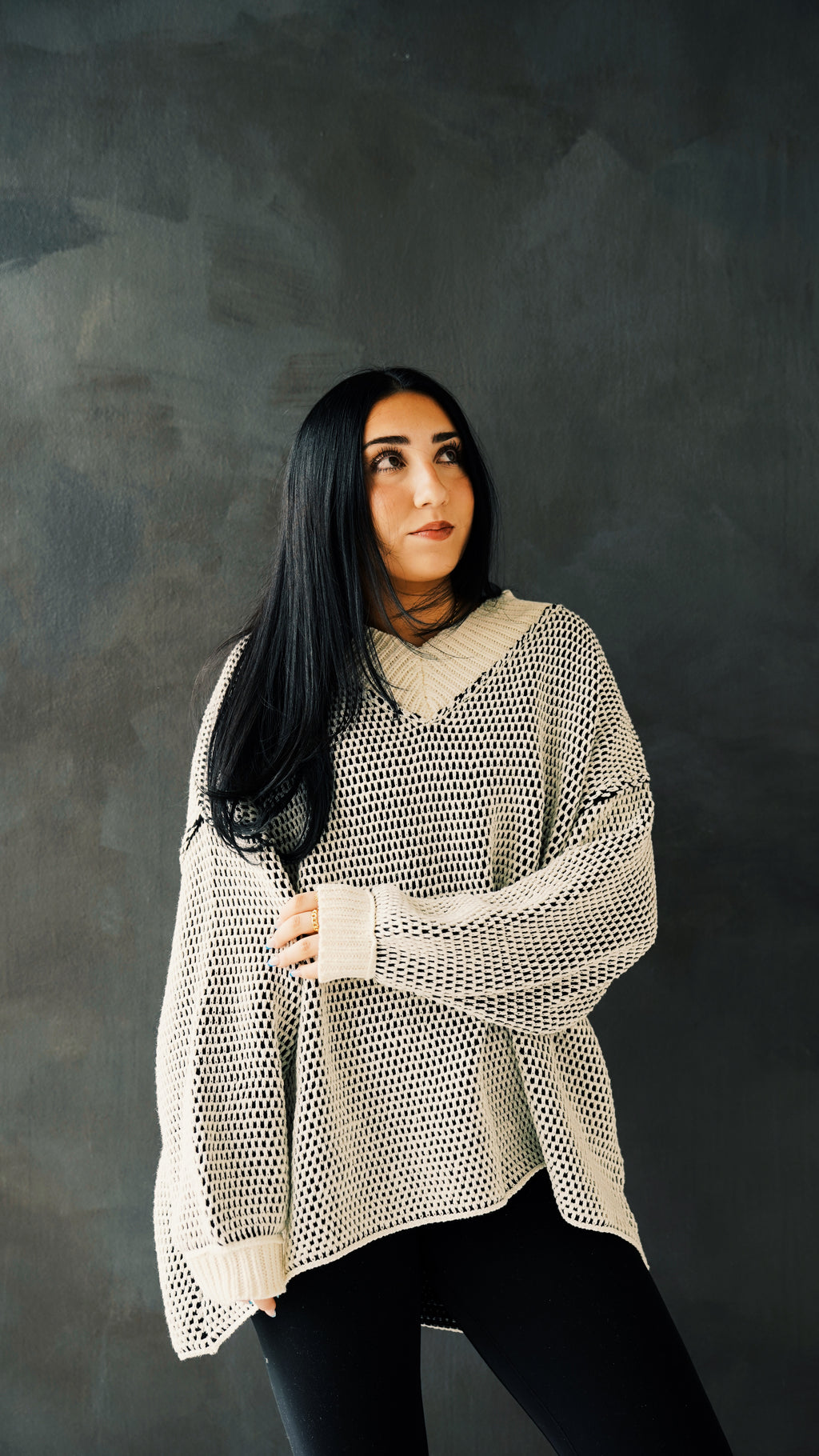 Oversized Two Tone Textured V Neck Sweater Top