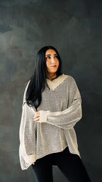 Oversized Two Tone Textured V Neck Sweater Top