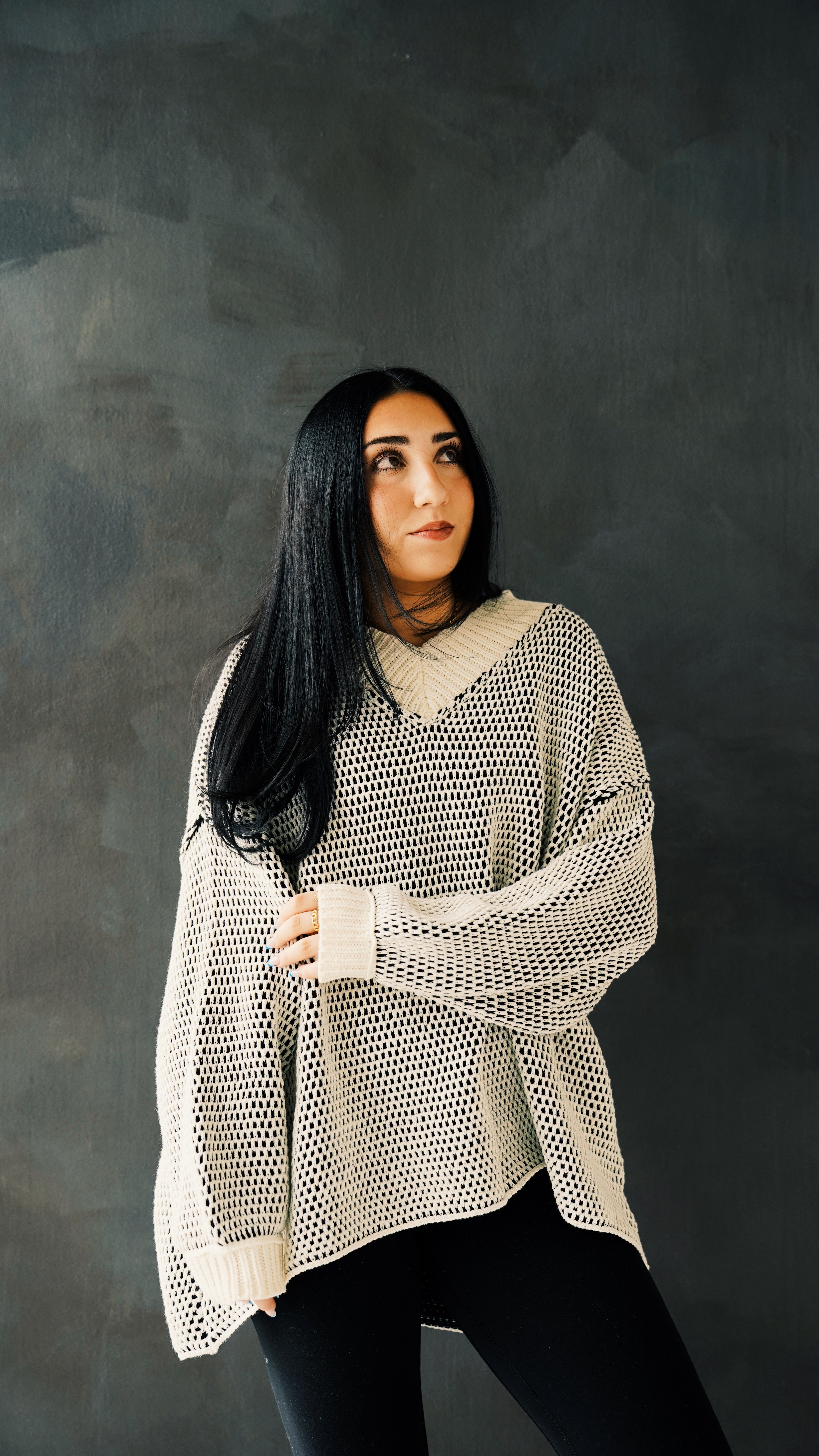 Oversized Two Tone Textured V Neck Sweater Top