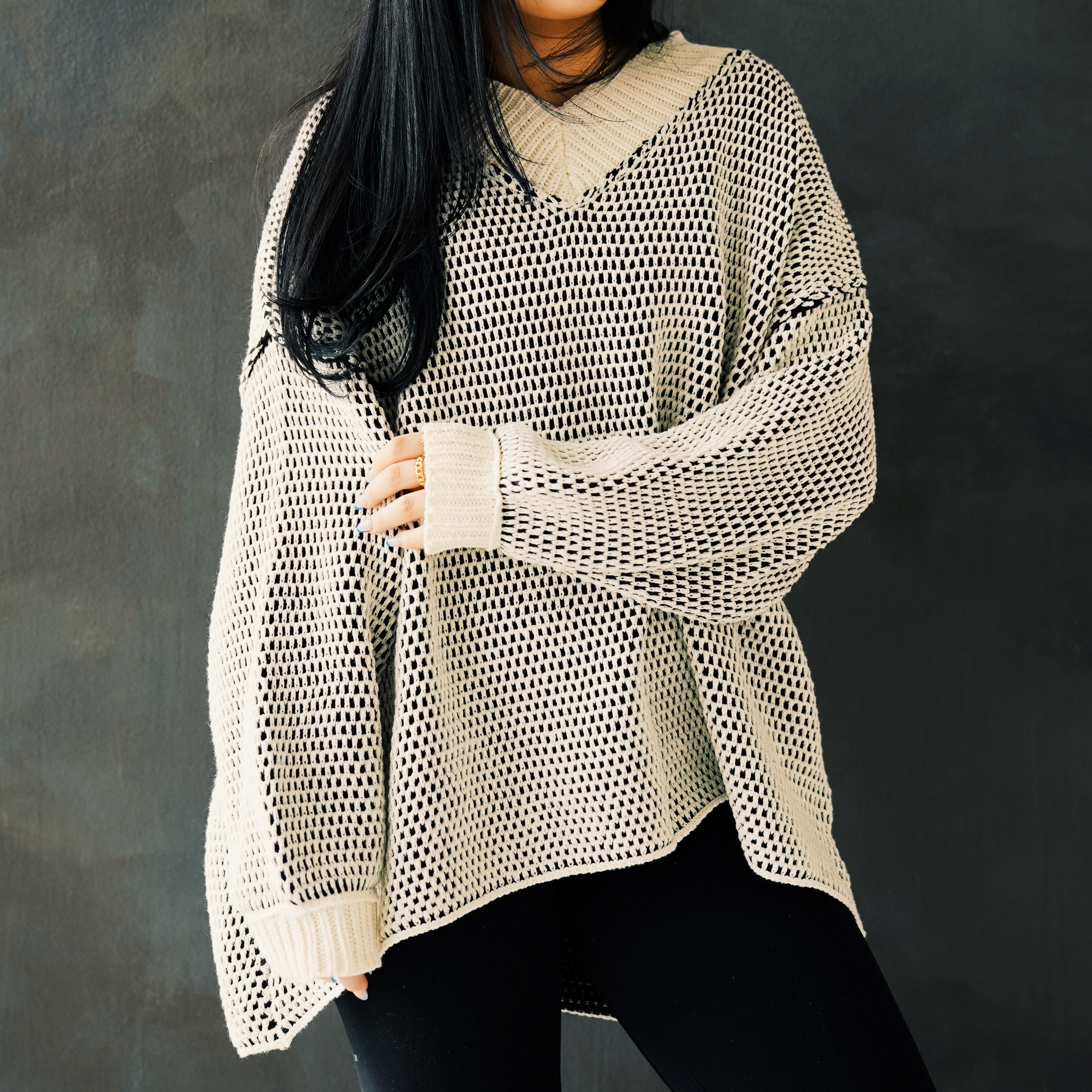 Oversized Two Tone Textured V Neck Sweater Top