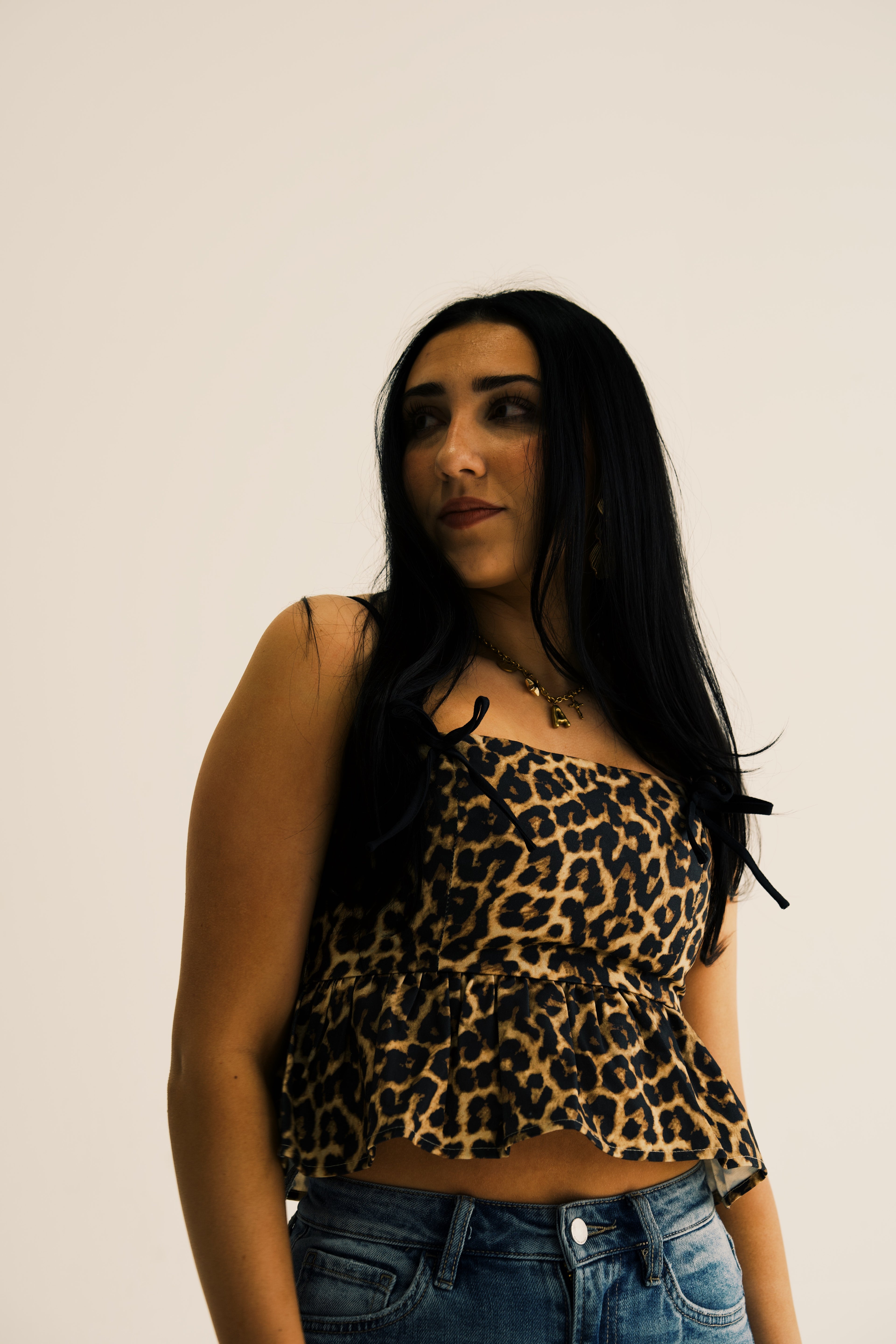 Leopard Print Adjustable Tie Straps Peplum Top