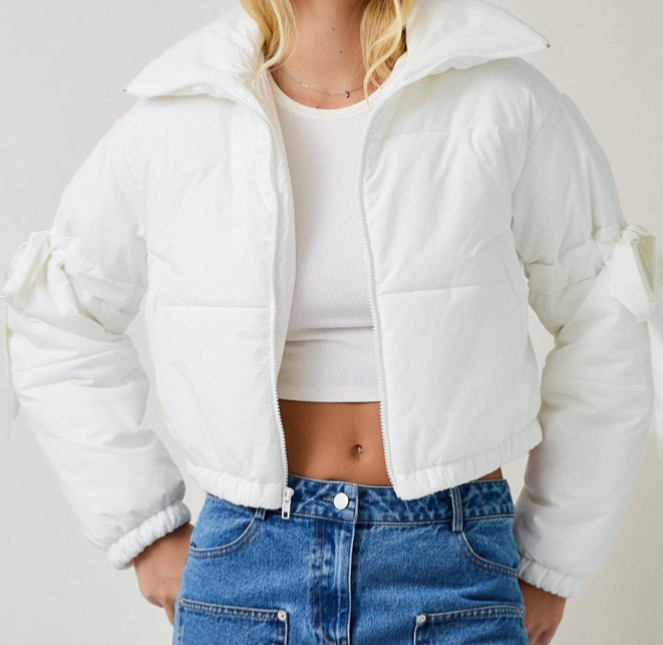 Long Sleeve Puffer Jacket With Satin Ribbon Bow