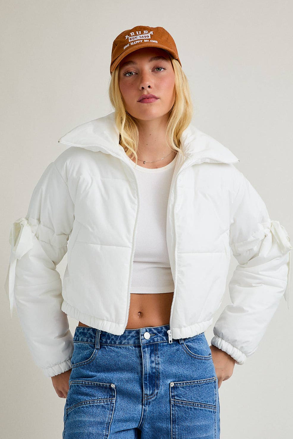 Long Sleeve Puffer Jacket With Satin Ribbon Bow