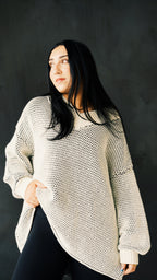 Oversized Two Tone Textured V Neck Sweater Top