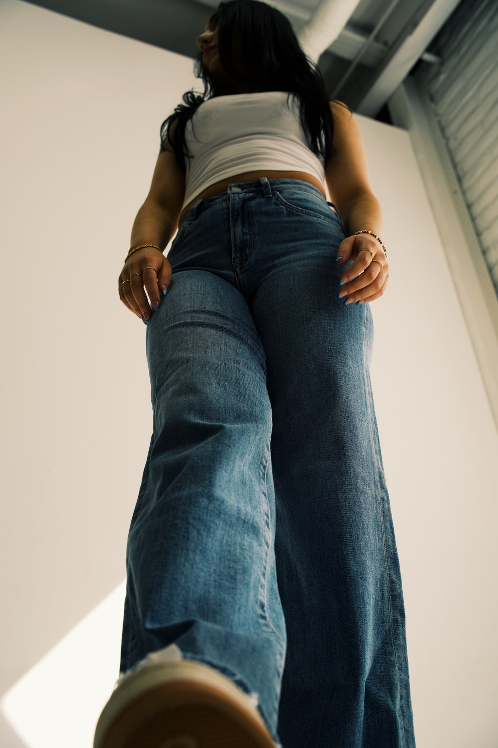 Super High Rise Medium Wash Raw Hem Wide Leg Jeans