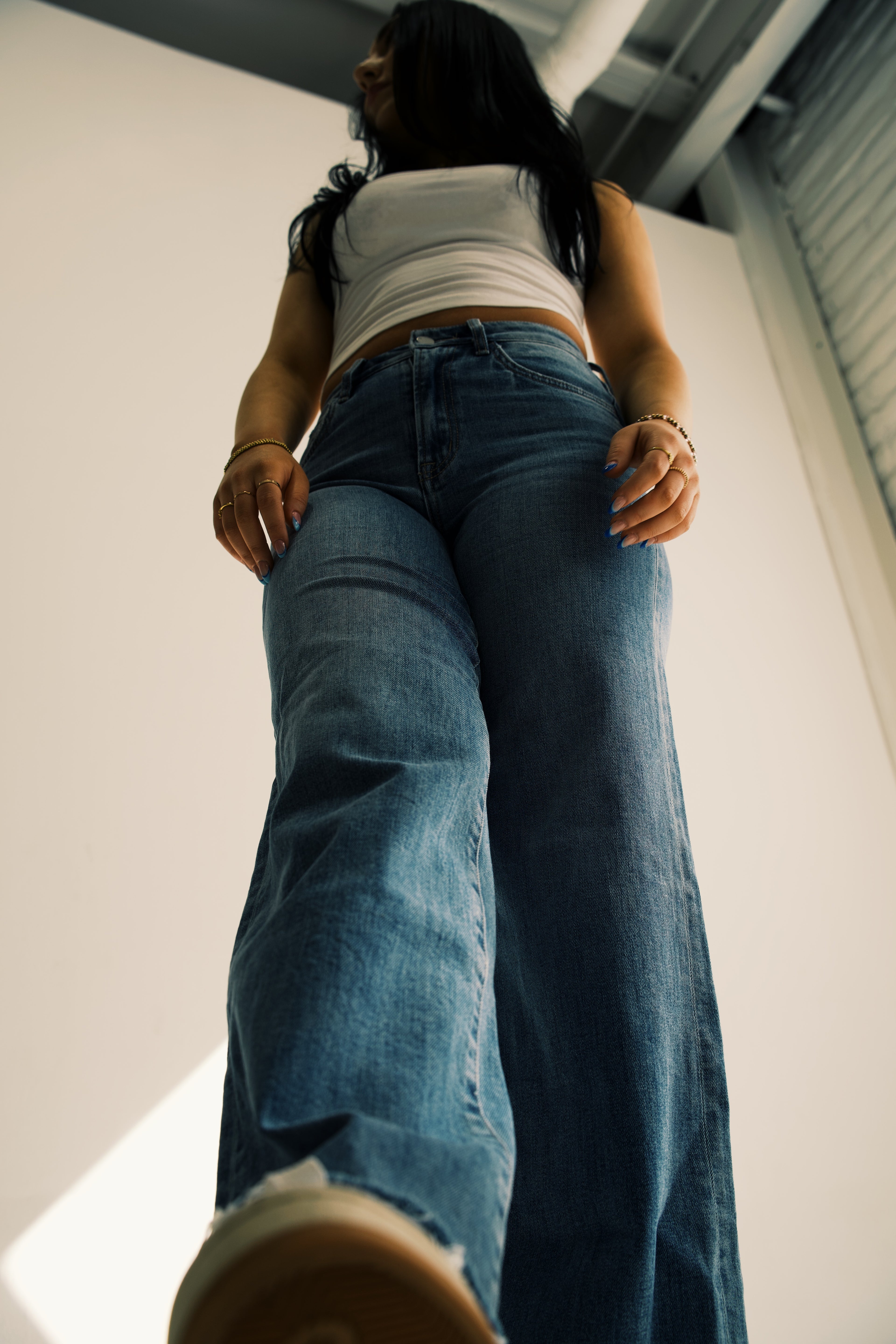 Super High Rise Medium Wash Raw Hem Wide Leg Jeans