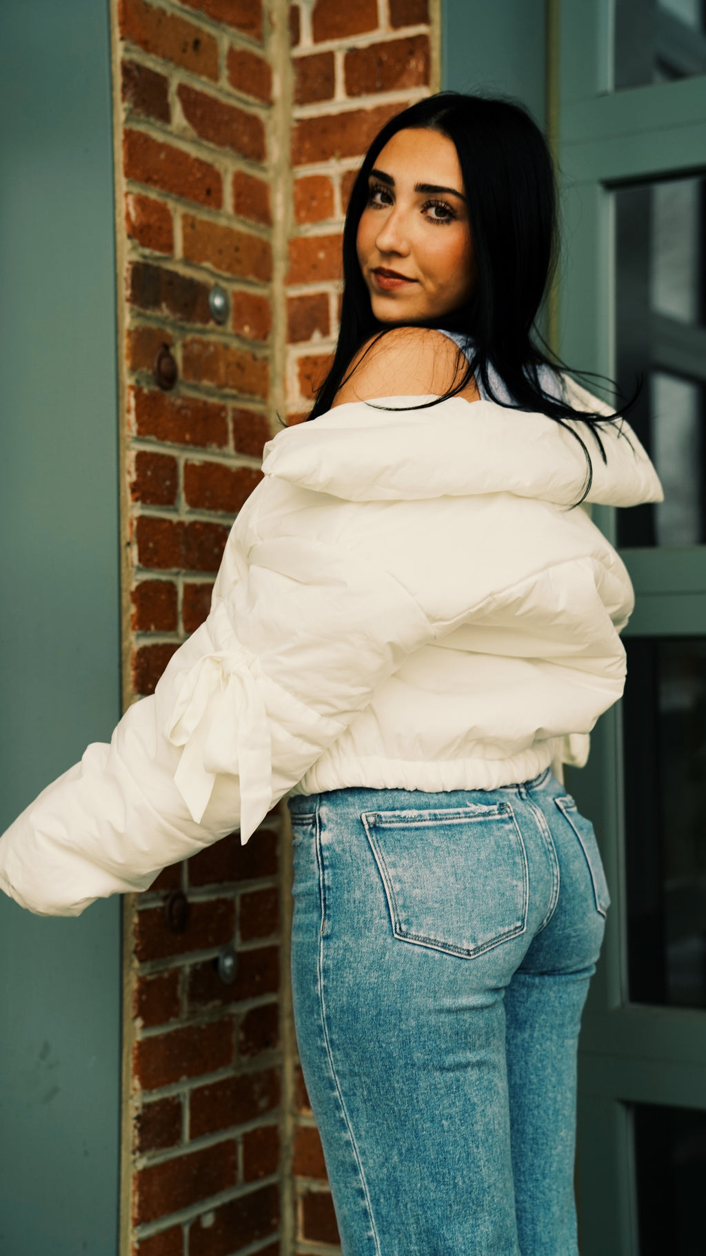 Long Sleeve Puffer Jacket With Satin Ribbon Bow