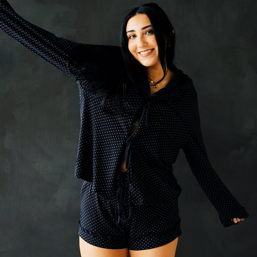 Polka Dot Knit Pajama Top With Lace Trim