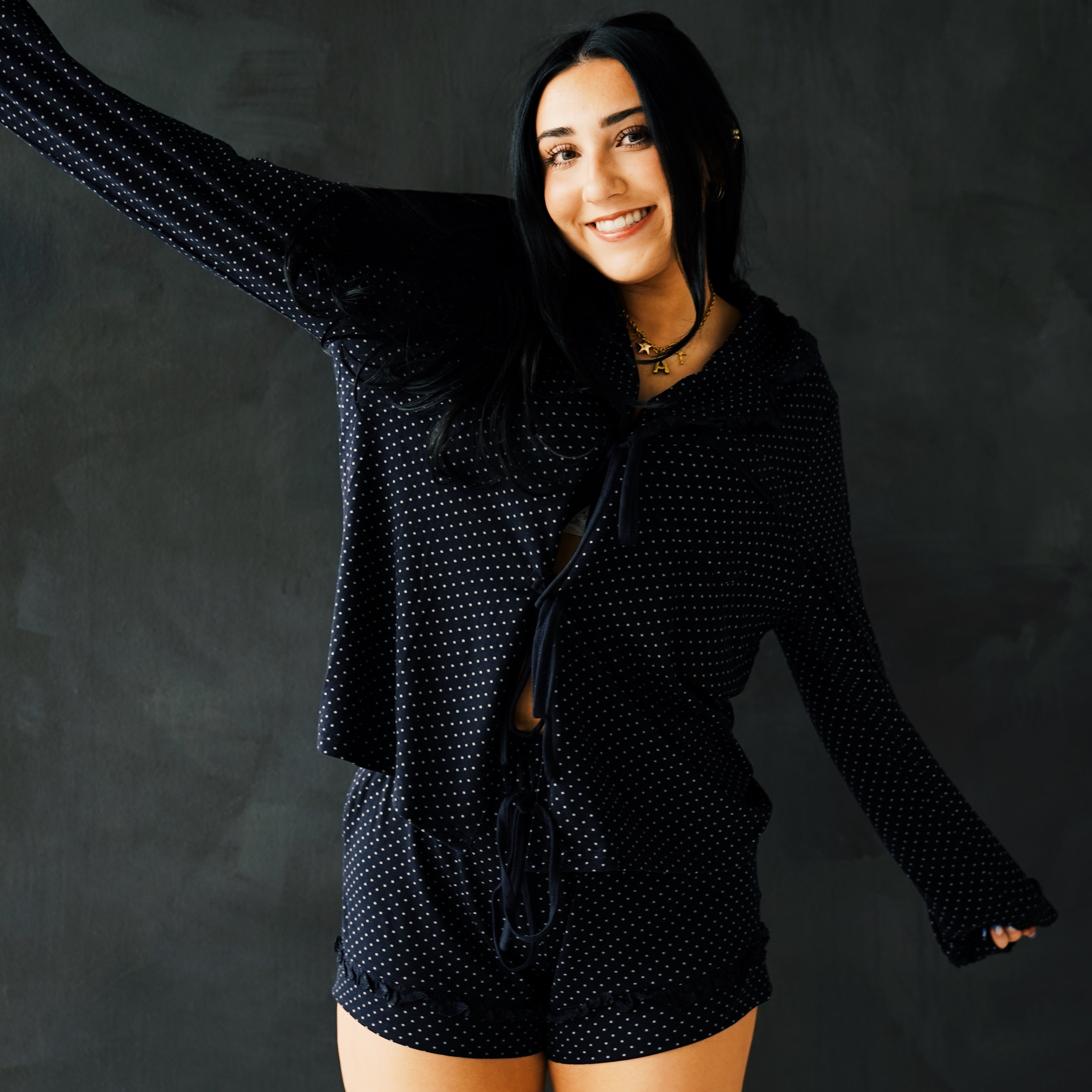 Polka Dot Knit Pajama Top With Lace Trim