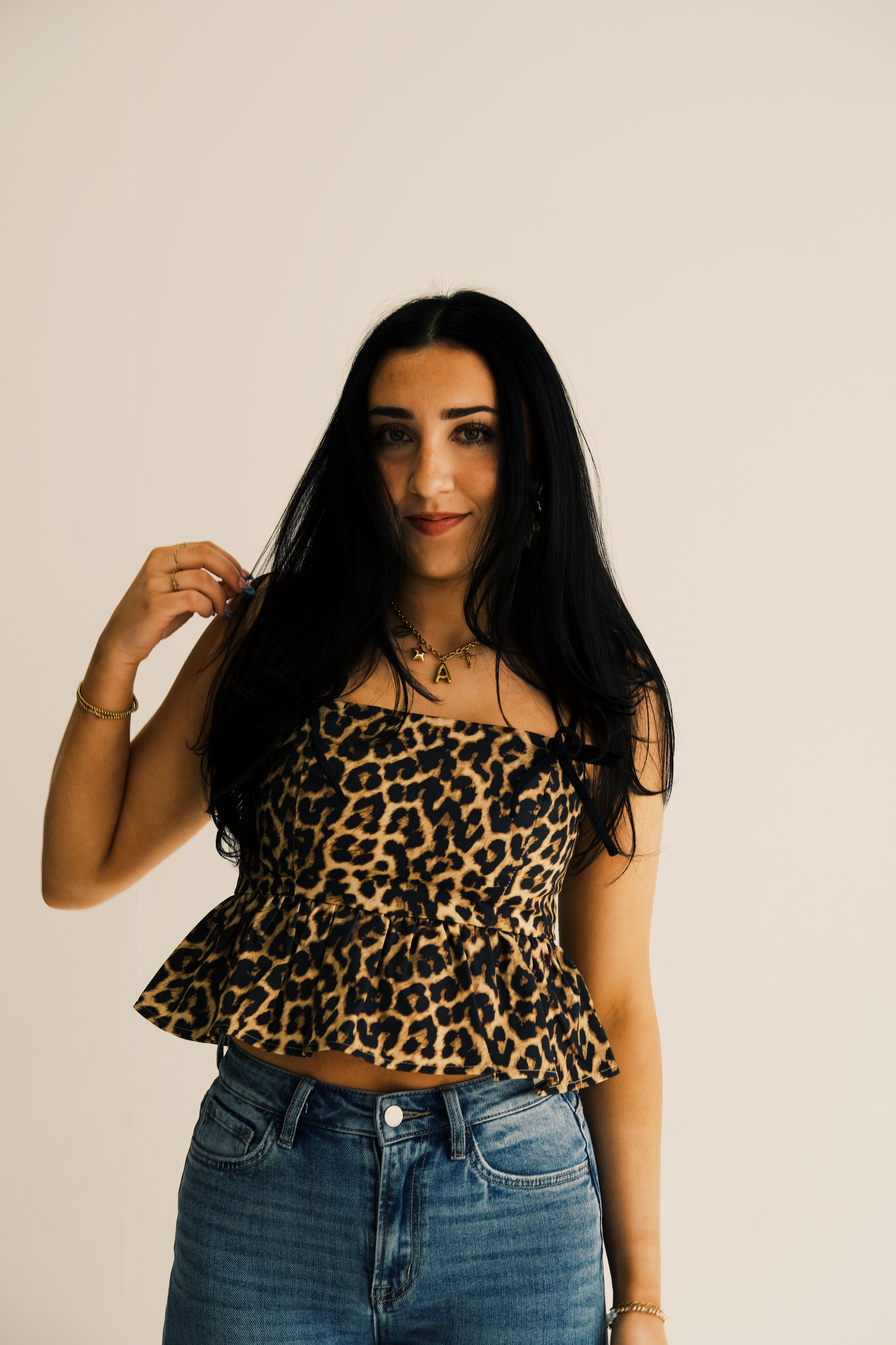 Leopard Print Adjustable Tie Straps Peplum Top