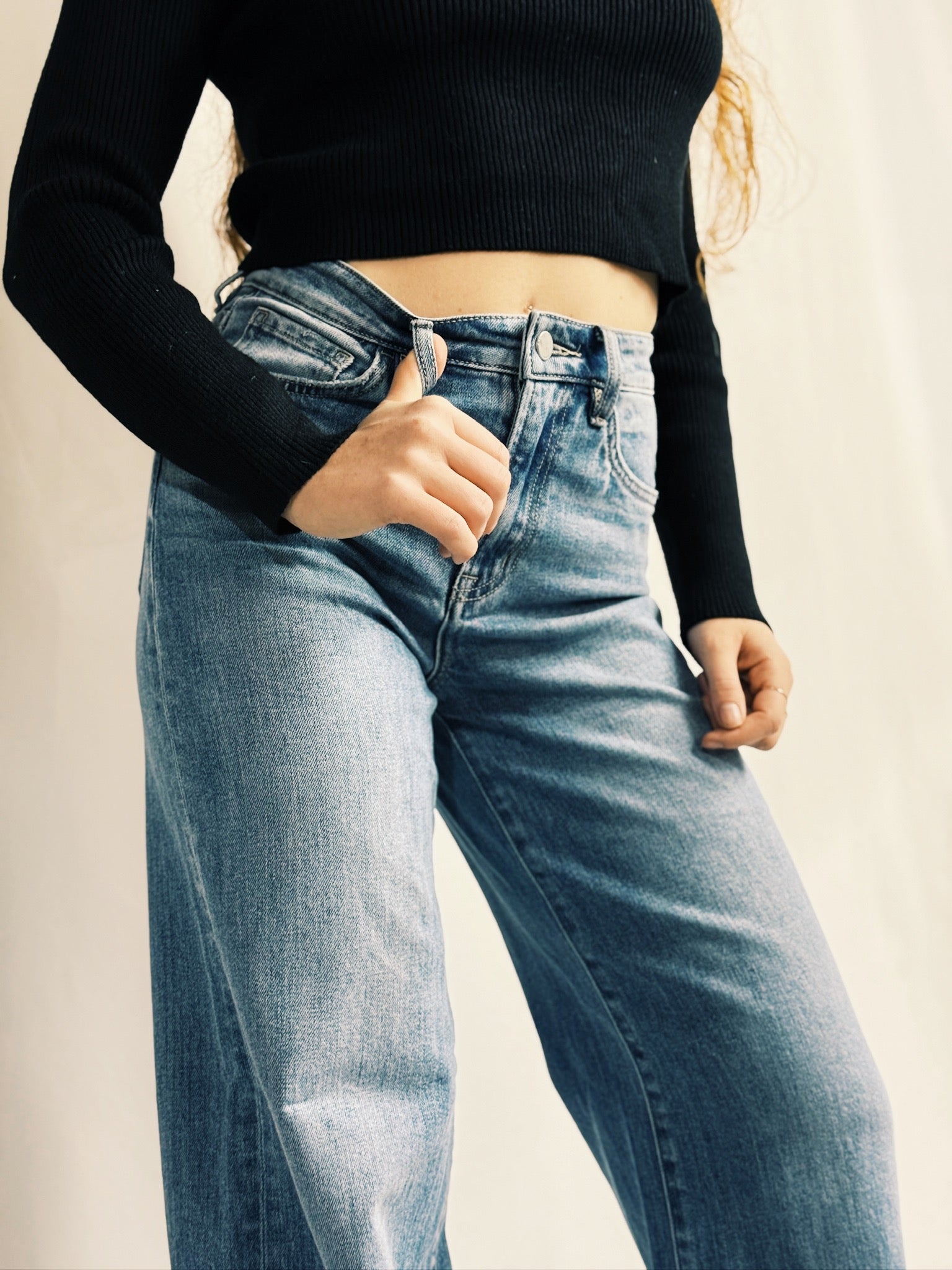 Super High Rise Medium Wash Raw Hem Wide Leg Jeans