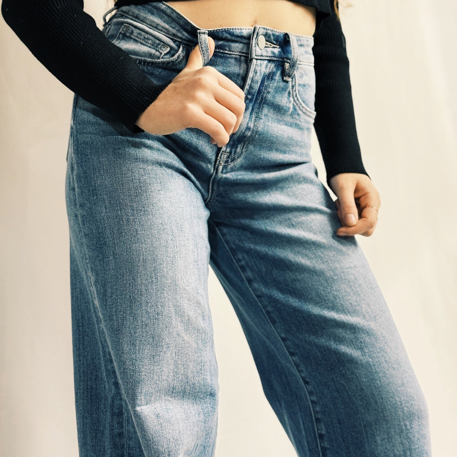 Super High Rise Medium Wash Raw Hem Wide Leg Jeans