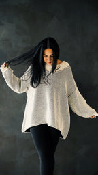 Oversized Two Tone Textured V Neck Sweater Top