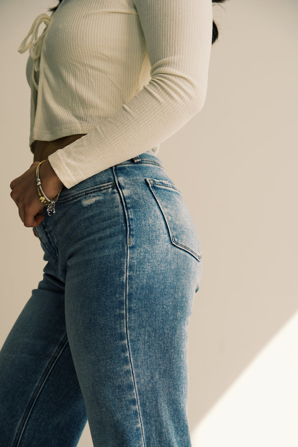 High Rise Distressed Slim Wide Jeans