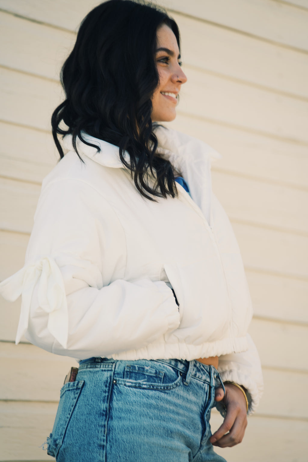Long Sleeve Puffer Jacket With Satin Ribbon Bow