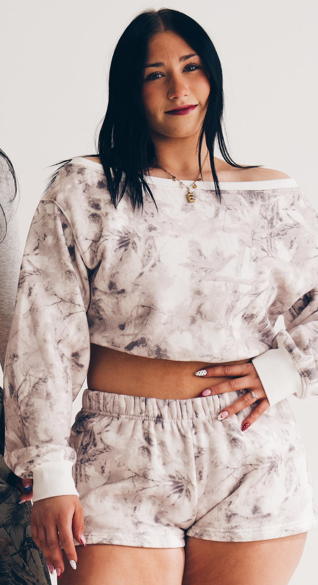 Light Woodland Camo Off The Shoulder Fleece Sweatshirt