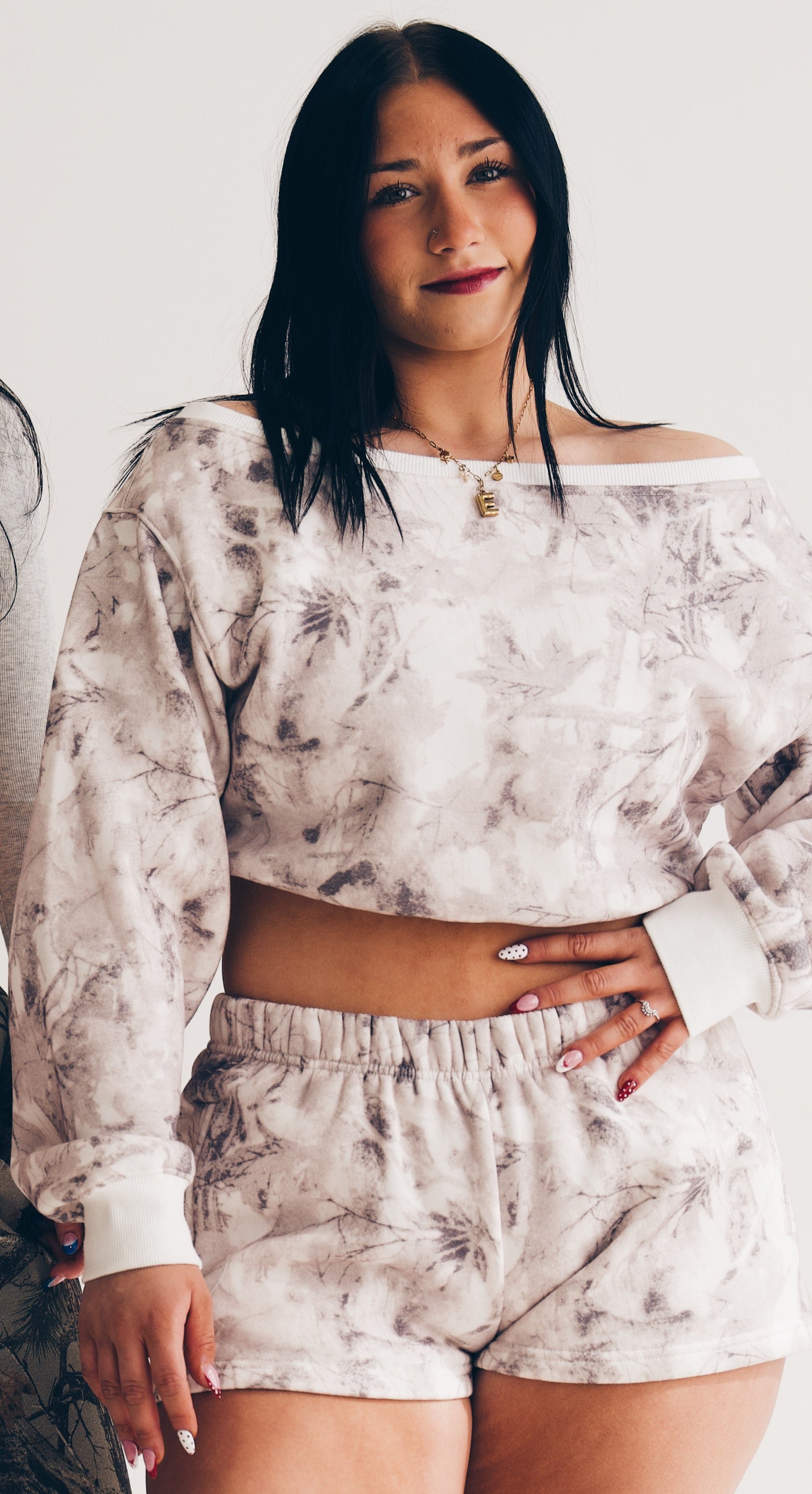 Light Woodland Camo Off The Shoulder Fleece Sweatshirt