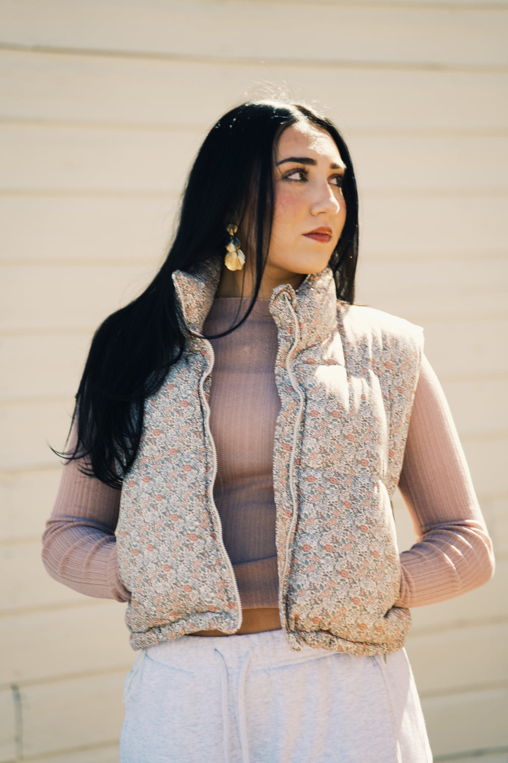 High Neck Floral Puffer Vest