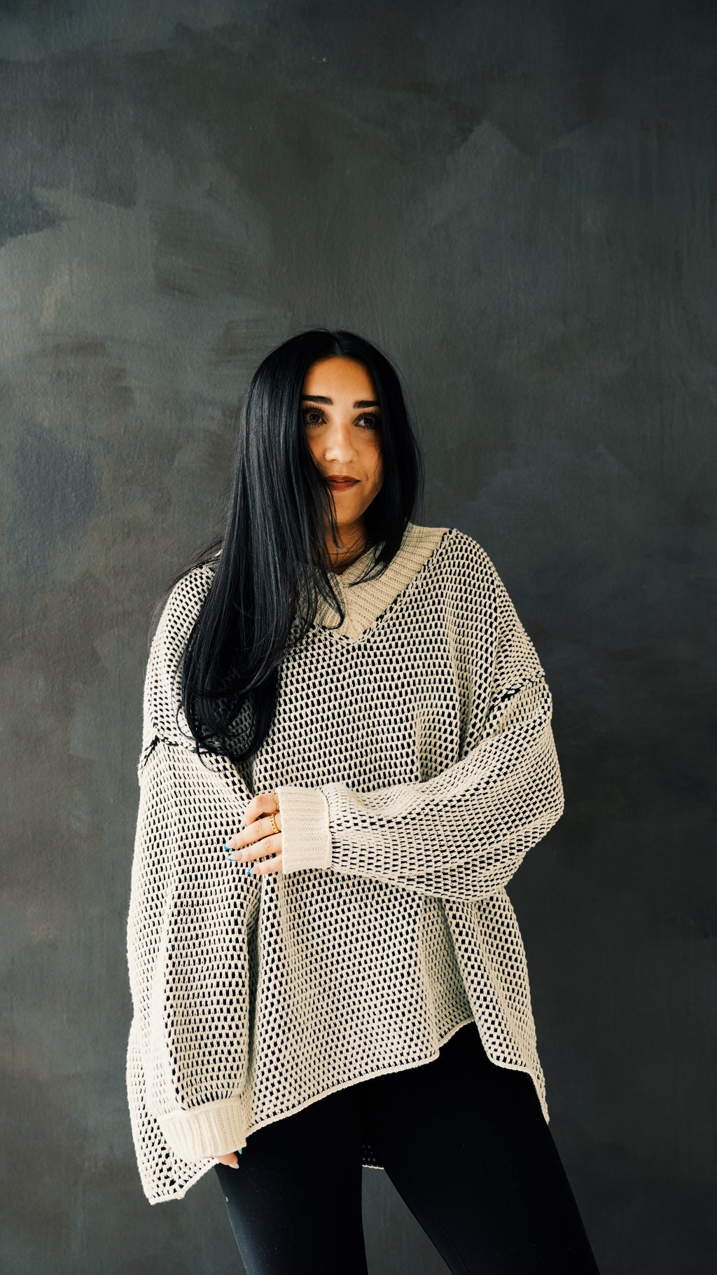 Oversized Two Tone Textured V Neck Sweater Top