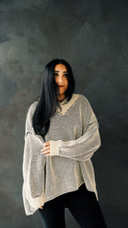 Oversized Two Tone Textured V Neck Sweater Top