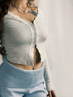 Ribbed Stretchy Fitted Lacey V-Neck Top