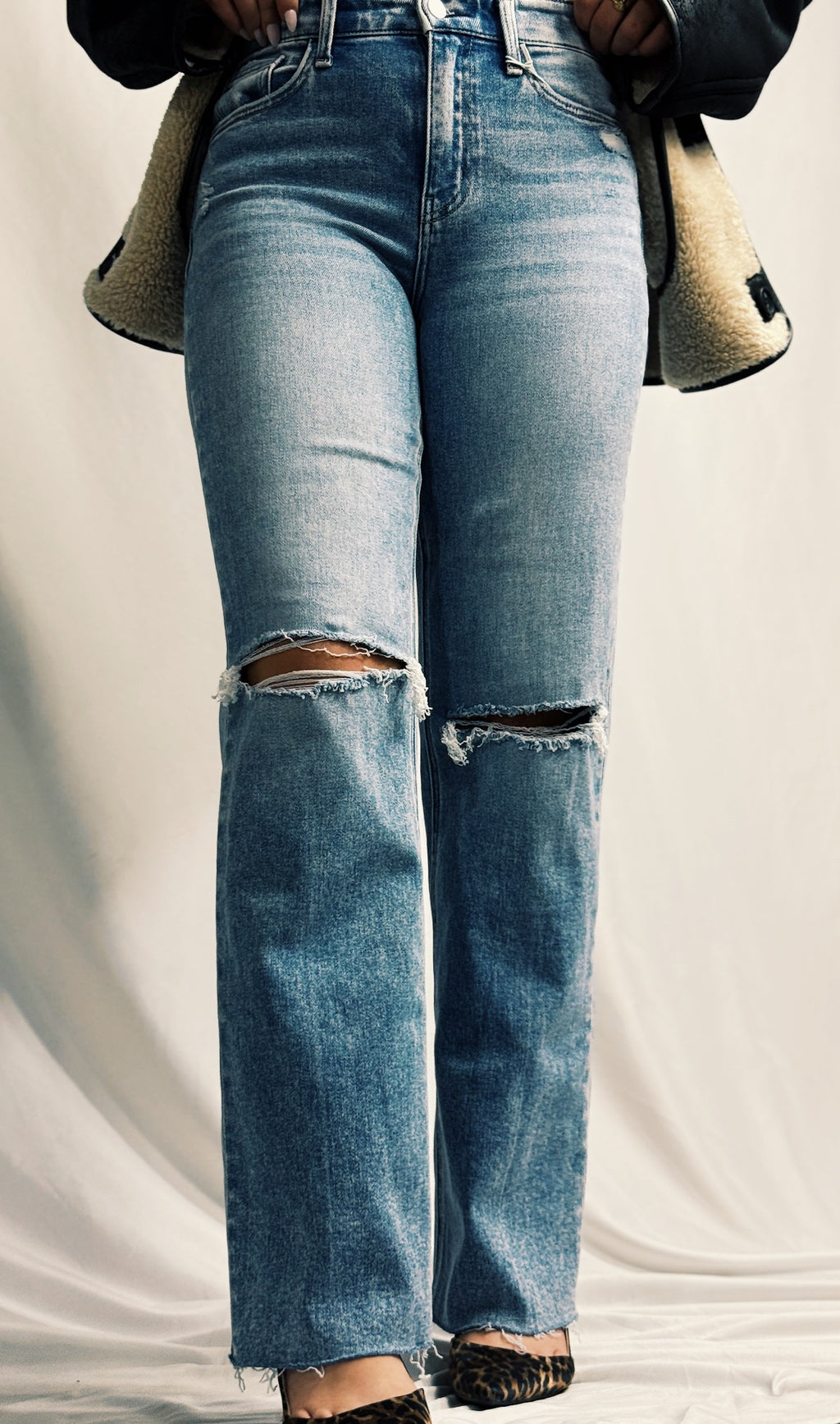 High Rise Distressed Slim Wide Jeans