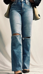 High Rise Distressed Slim Wide Jeans