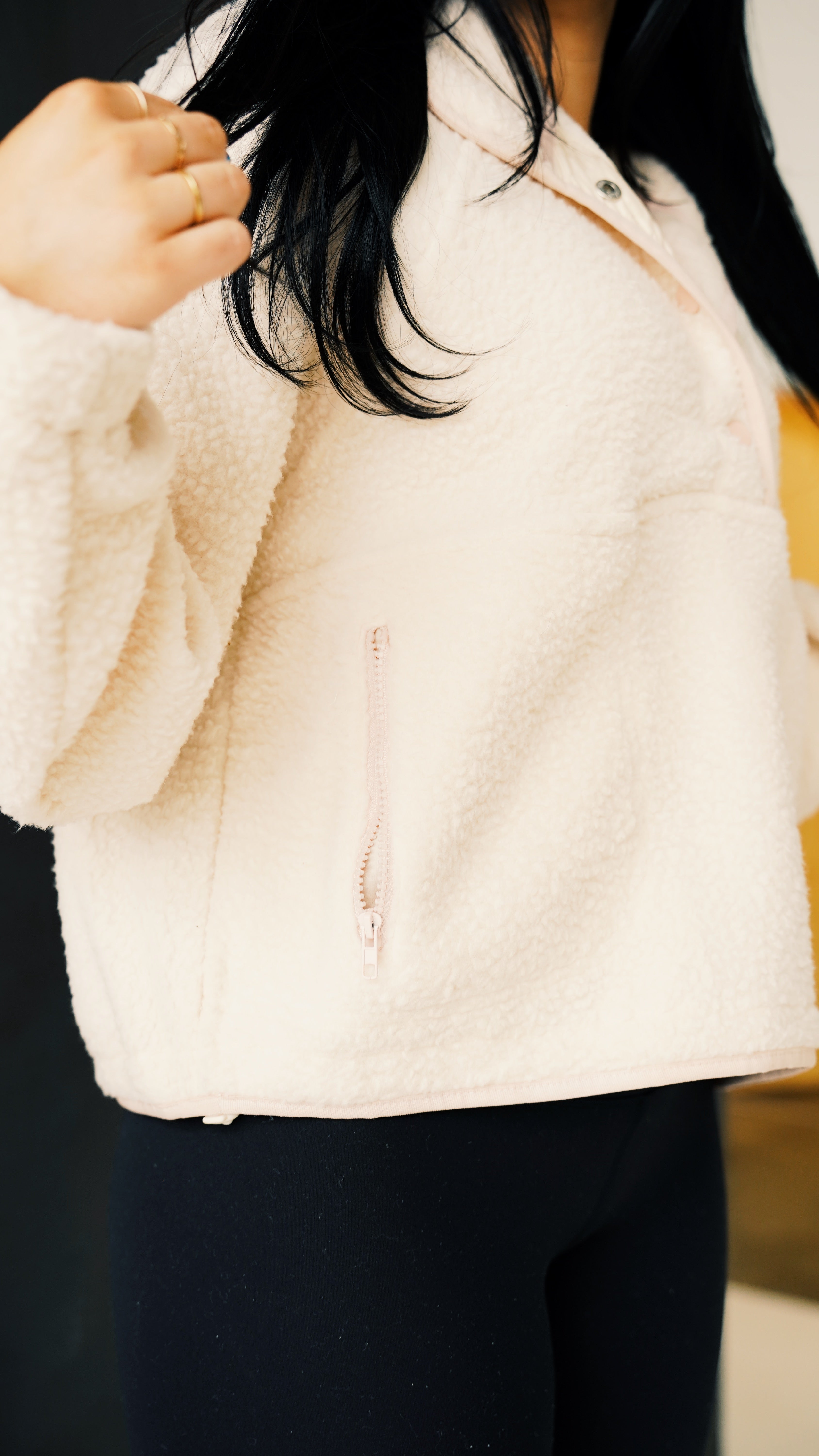 Fleece Button Front Side Pocket Long Sleeve Top