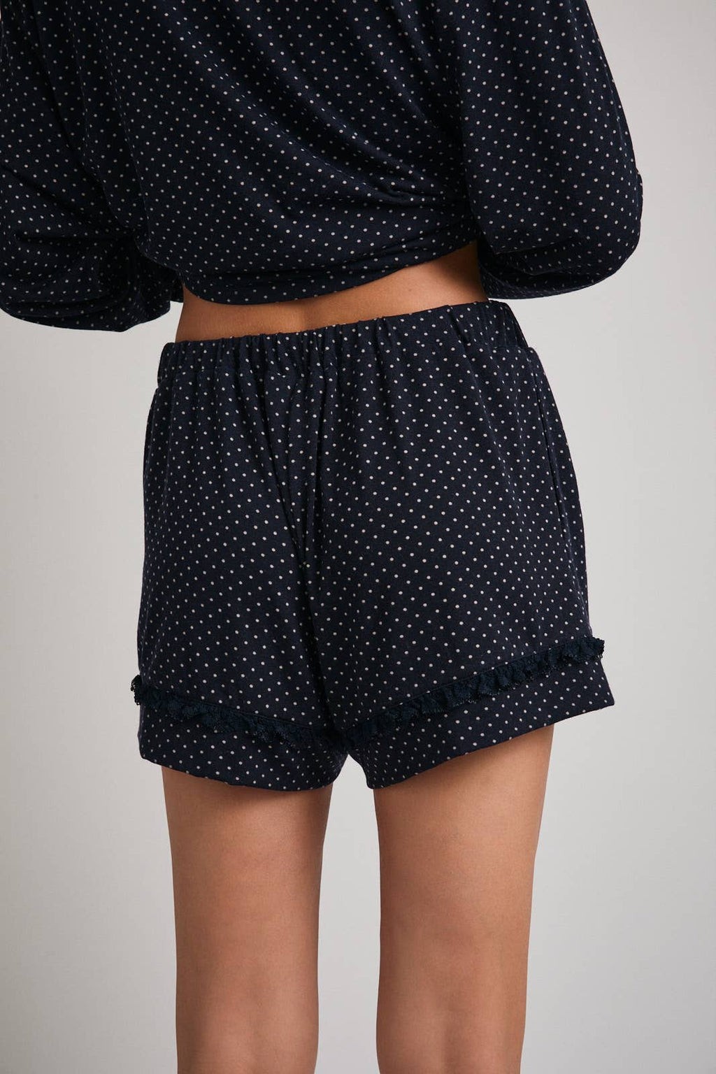 Polka Dot Knit Pajama Shorts With Lace Trim